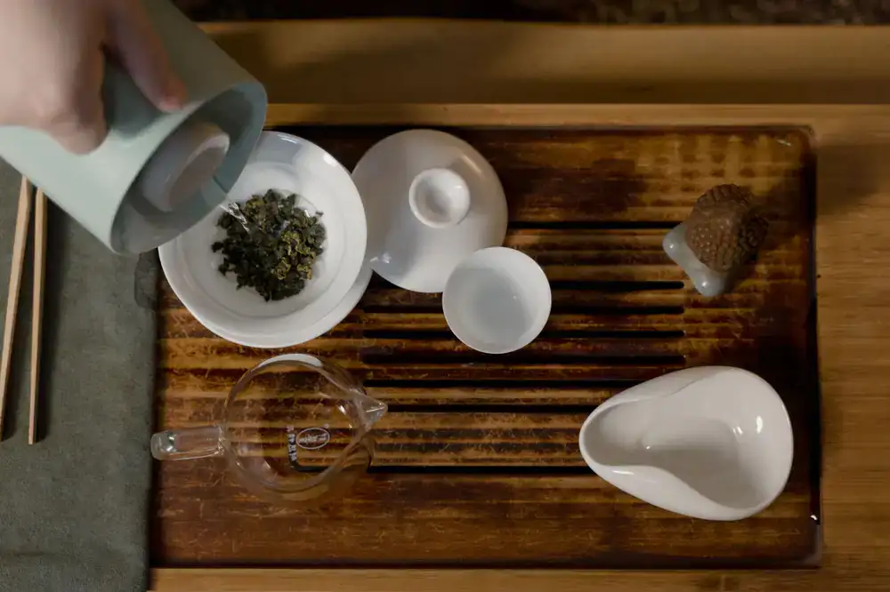 Steeping fresh tea leaves in a traditional white porcelain gaiwan